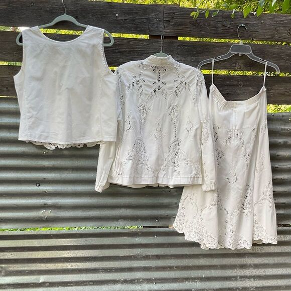VTG 80s Cotton Prairie Cottage Battenburg Lace Skirt Set Medium Shabby Chic - Picture 6 of 11